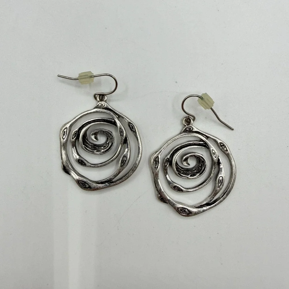 Silver Tone Spiral Coil Drop Earrings Abstract Eye Swirl Dangle Boho PiercedSilv